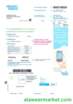 Ireland Electric Ireland business utility bill template in Word and PDF formats